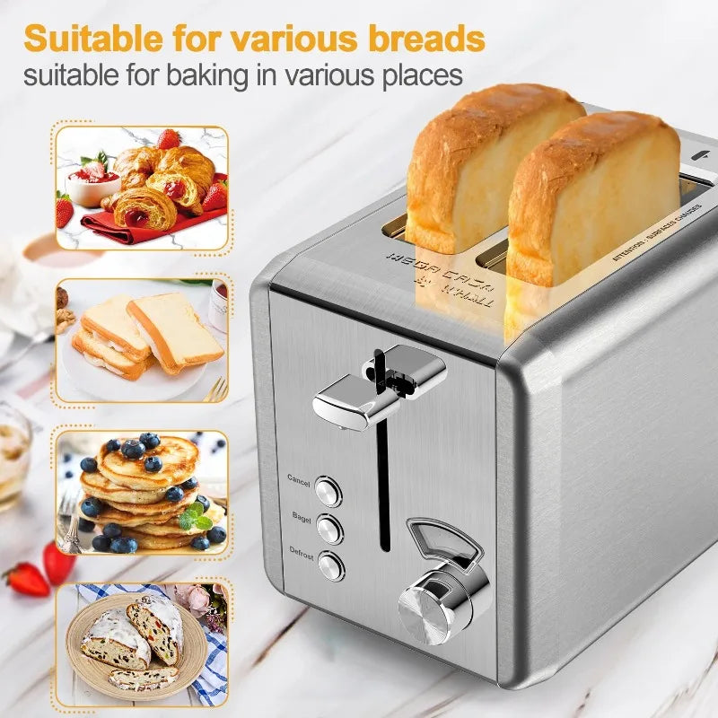 2 Slice Toaster - Stainless Steel Toaster with Wide Slot Removable Crumb Tray